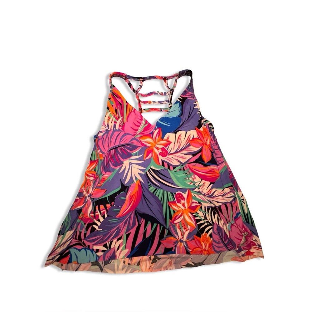 Aqua Green Plus Size Swimwear Tankini Top Colorful Tropical Floral Print Size 0X